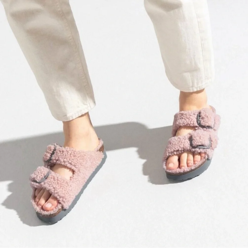 BIRKENSTOCK Papillio Arizona Rosa Pink Teddy Big Buckle Shearling Sandals Sz 39
